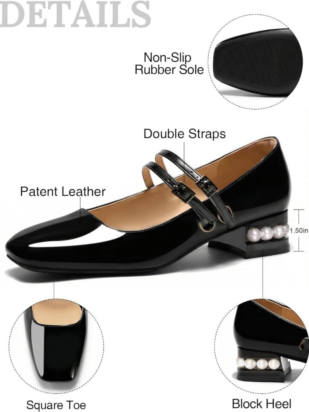 Women's Pearl Black Mary Jane Low Pearl Heels Square Toe Pumps Ballet Shoes - Picture 6 of 6